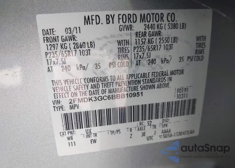 2011 Ford Edge Se из США, поврежденный, VIN 2FMDK3GC6BBB10951